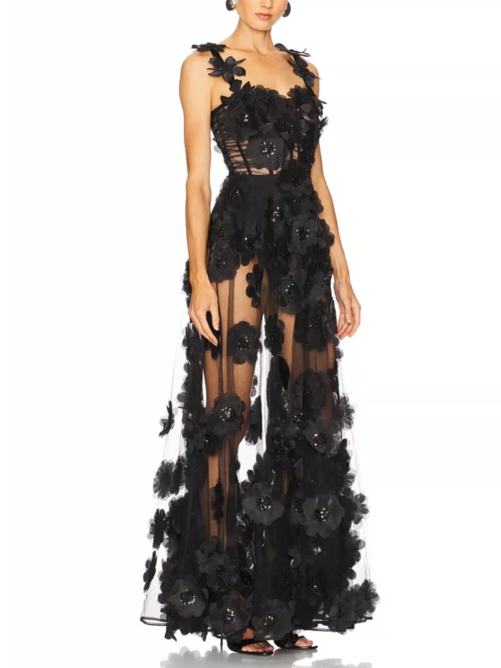 Bronx and Banco Rosalie Maxi Dress Gown Black Noir Floral-Appliqué Tulle - Picture 3 of 10